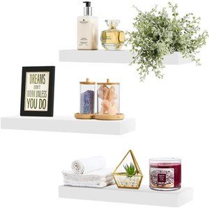 Floating Shelves for Wall - Set of 3 White Wood Wall Shelves for Living Room